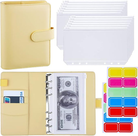 Antner A6 Budget Binder with Zipper Cash Envelopes for Money Organizer & Budgeting, PU Leather Budget Planner Money Saving Binder with Cash Stuffing Envelopes & Labels for Home Office Travel, Yellow