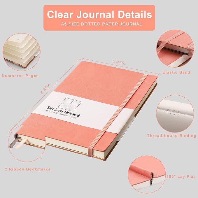 AHGXG Dotted Bullet Grid Journal 2 Pack - A5 Dot Grid Notebook for Women, Medium 5.75'' × 8.38'', 320 Numbered Pages, 120gsm Thick Dotted Paper, Soft Leather Cover (Black Pink)