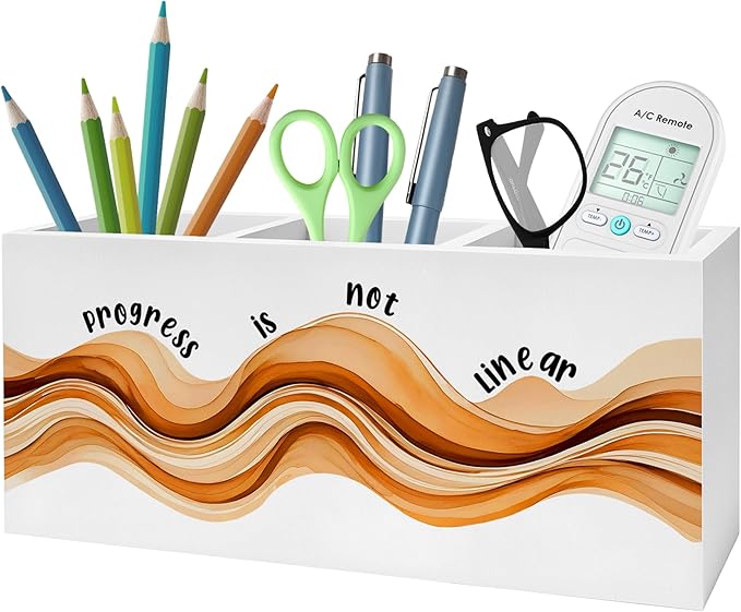 Inspirational Mental Health Pencil Pen Holder for Desk, Progress Is Not Linear Wooden Pencil Holder Organizer for Therapy Office Desk Accessories, School Counselor Office Must Haves