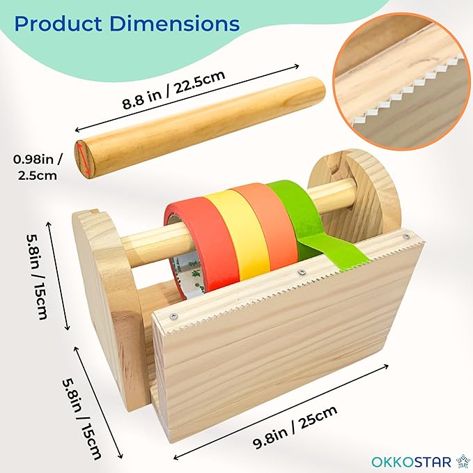 Wooden Kids Craft Tape Dispenser, Multi Roll Masking Tape Holder, Washi Tape Dispenser (Acrylic Serrated Cutter) - Perfect Craft Organizer for Children - [Masking Tape NOT Included]