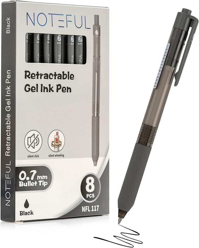 Retractable Silent Click Gel Pens For Journaling, Smooth Writing, Black Gel Ink Medium Point Pen (0.7 mm), Pack of 8