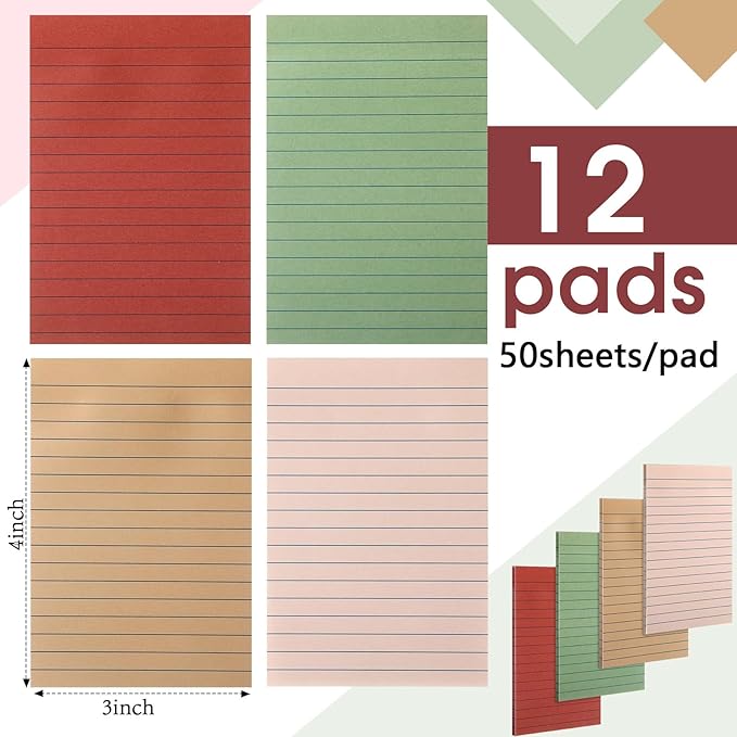 12 Pads Retro Color Boho Sticky Notes 4x6 with Line, Lined Self Stick Notes Pads Boho Office Supplies, Vintage Aesthetic School Accessories 50 Sheets/pad