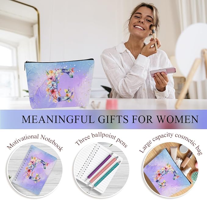 Personalized Gifts Monogrammed Birthday Gifts for Women, Cowerker Wife Sister Wedding Christmas Initial 20 oz Tumbler, Makeup Bag Cup Ballpoint Pens Journal Notebook 6 Set, (Aesthetic Purple Flower C)
