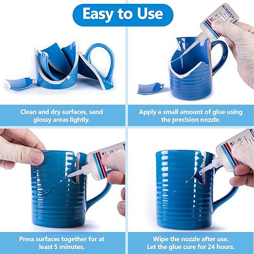 Super Glue for Porcelain and Pottery Repair with Anti Clog Cap. 6 x 1 fl oz,CA Glue - Clear Ceramic Repair Adhesivefor Dishes, Tiles, DIY Crafts, Quick Dry