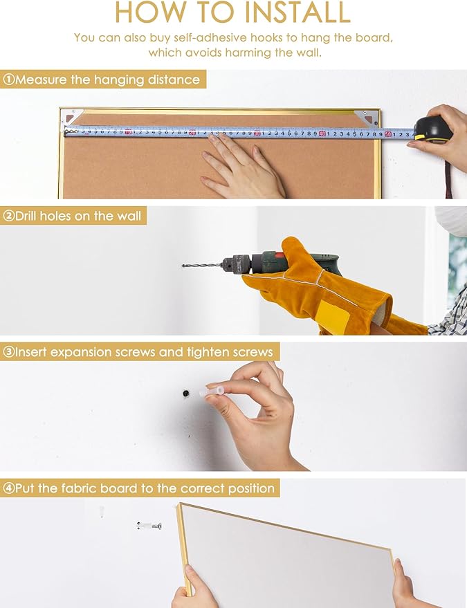 Bulletin Board 30 x 20 inches, Oatmeal White Pin Board, Golden Aluminum Framed Fabric Cork Board with 10 Push Pins