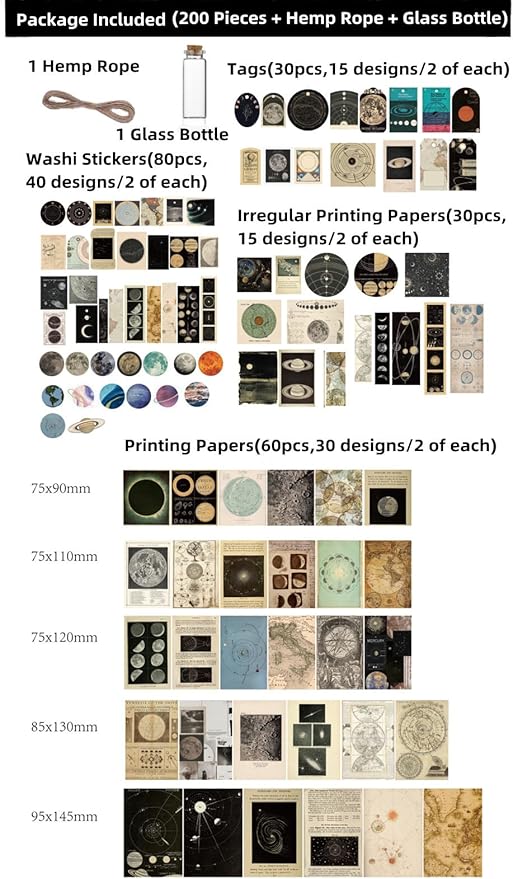200 Pieces Vintage Ephemera Scrapbooking Supplies Pack Scrapbook Paper Sticker Material Pack for Art Journaling Bullet Journals Planners Collage Decoupage Crafter Gifts (Planet)