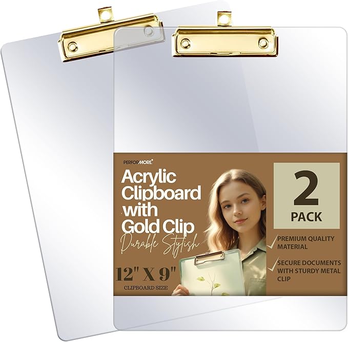 Performore Clear Acrylic Clipboard Set 2-Pack Thick Plastic Writing Boards with Gold Metal Clip 12x9 Heavy-Duty Transparent Clipboards for Office, School, Events & Presentations