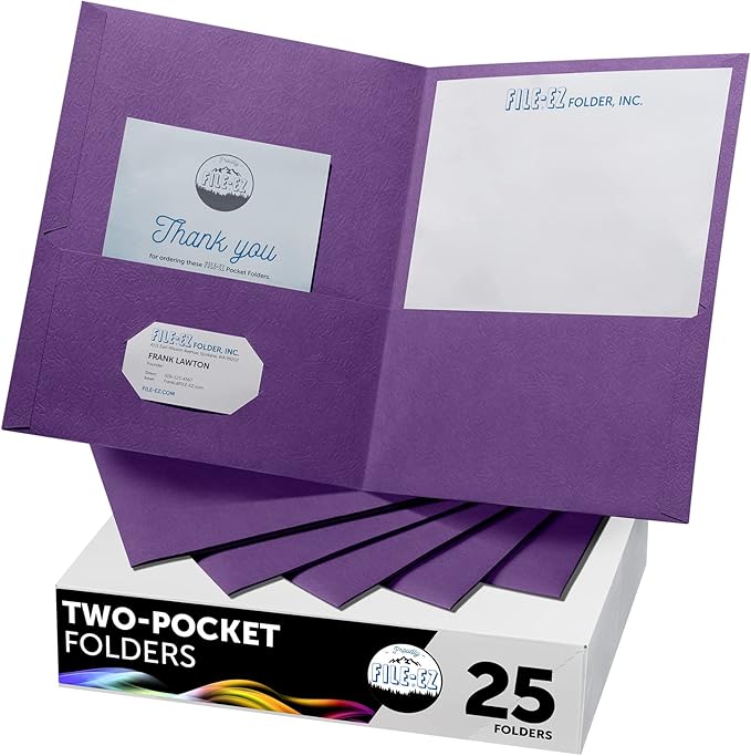 FILE-EZ Two-Pocket Folders, Purple, 25-Pack, Textured Paper, Letter Size (EZ-32545)