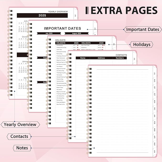 Planner 2025-2026, July 2025 - June 2026 Daily Weekly and Monthly Calendar Planner Book with Tabs, Notes Pages, Inner Pocket, Spiral Schedule Agenda A5 Notebook for School, College, Work-PINK