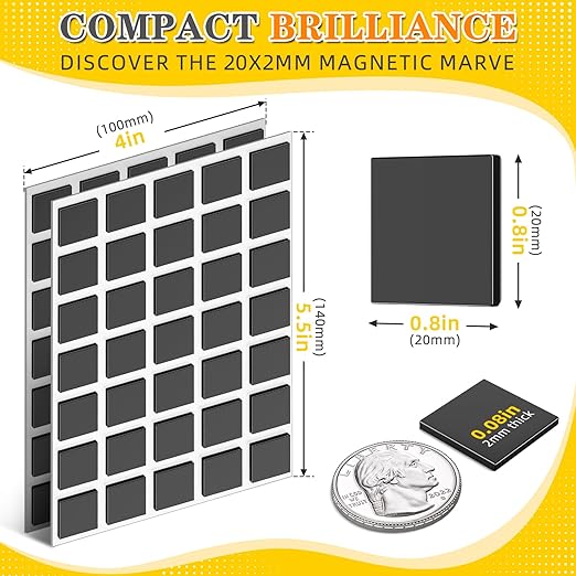 70Pcs Magnetic Squares, Magnets with Adhesive Backing, Flexible Magnetic Tape for Crafts, Magnetic Strip for DIY Projects, Hanging & Organizing Light Objects (Each 20 x 20 x 2mm)