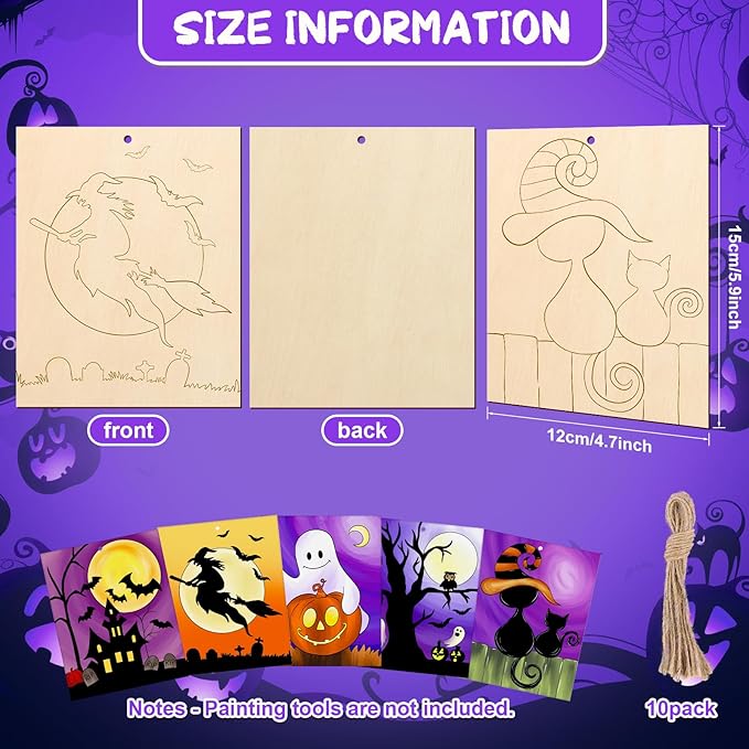 COCHIE 10PCS Large Halloween Unfinished Wood Crafts to Paint for Adults Kids, Bulk Predrilled Wooden Ornaments for Painting, Ghost Witch Bats Paintable Wood Slices Craft Supplies with Ropes