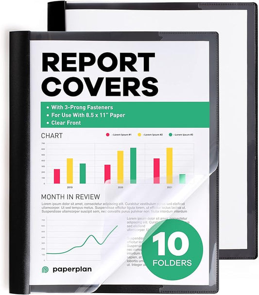 Report Covers - (Set of 10), 8.5 x 11 Letter Size, Clear Front Folders with 3-Prong Fasteners - Ideal for Presentations, Resumes & Keeping Your Documents Neat and Professional