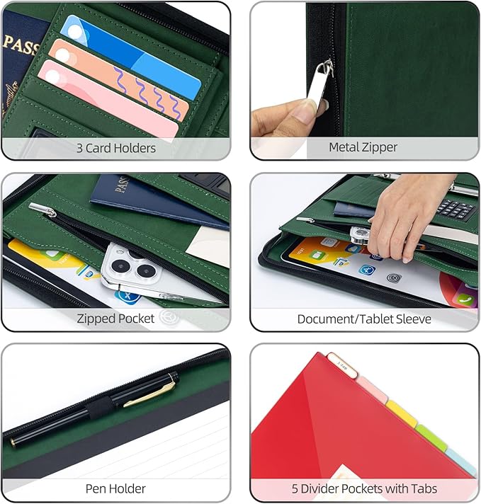 Ospelelf Green Clipboard with Storage 3 Binder Leather Portfolio Folder with Zipper, 12.1” Tablet Sleeve, 5 Dividers with Pocket, Refillable Notepad, Card Slot