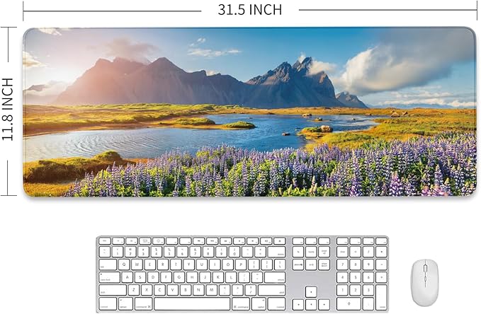 Landscape Gaming Mat, Rocky Mountain Mousepad, Iceland Desk Mat, Mountains Mouse Pads, 3mm Non-Slip Base and Stitched Edge, Wildflowers Keyboard Pad for Work, Home, 31.5 X 11.8 Inch