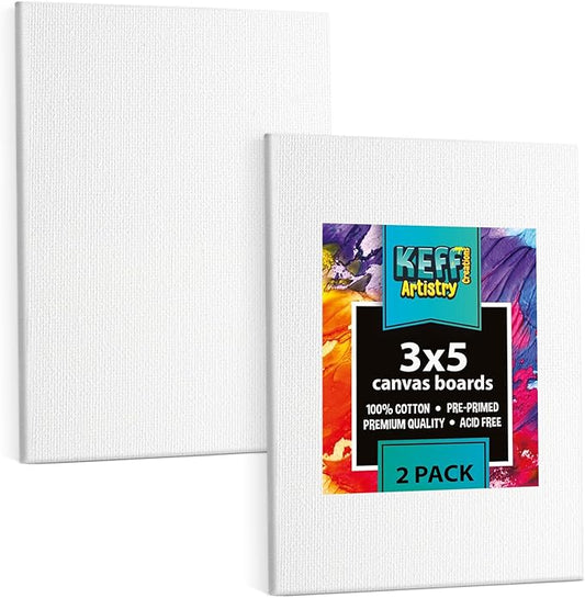KEFF Canvas Boards for Painting - 3x5 2-Pack Bulk Canvas Pack, 100% Cotton Triple Primed Small Canvases for Painting Supplies, Acrylic, Oil, Watercolor & Tempera