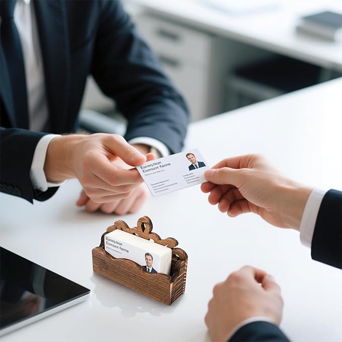 2 Pack Wood Business Card Holder for Desk, Rectangle Carved Business Card Display Stand, Opened Vintage Hollowed Desktop Business Card Display Organizer for Office, Tabletop