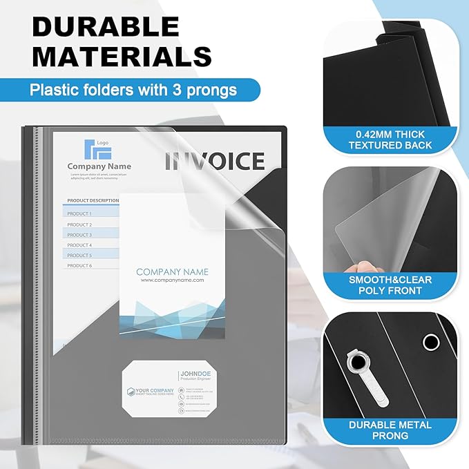 Teling 24 Pcs Clear Report Cover with 3 Prongs, Plastic Report Presentation Folders 90 Sheet Capacity Resume Document Covers for School Office(Black)