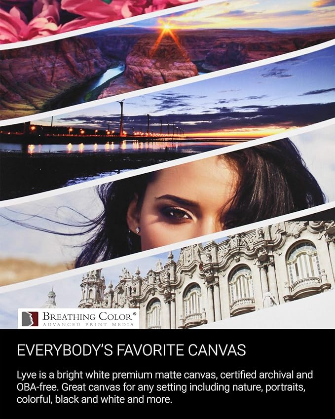 Premium Lyve Matte Canvas Paper Perfect For Use on Professional Makes and Models of Epson, Canon and HP printers preferred by Professionals. 19 mil textured Canvas offered in a 36 inch by 40 ft roll