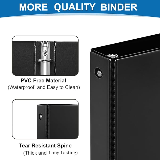 1-inch 3-Ring Binder, 1" Round Ring Binder with 2 Inside Pockets, 8 Pack Black Binders, Clear View Cover, Holds 8.5'' x 11''Paper for Office/Home/Back to School