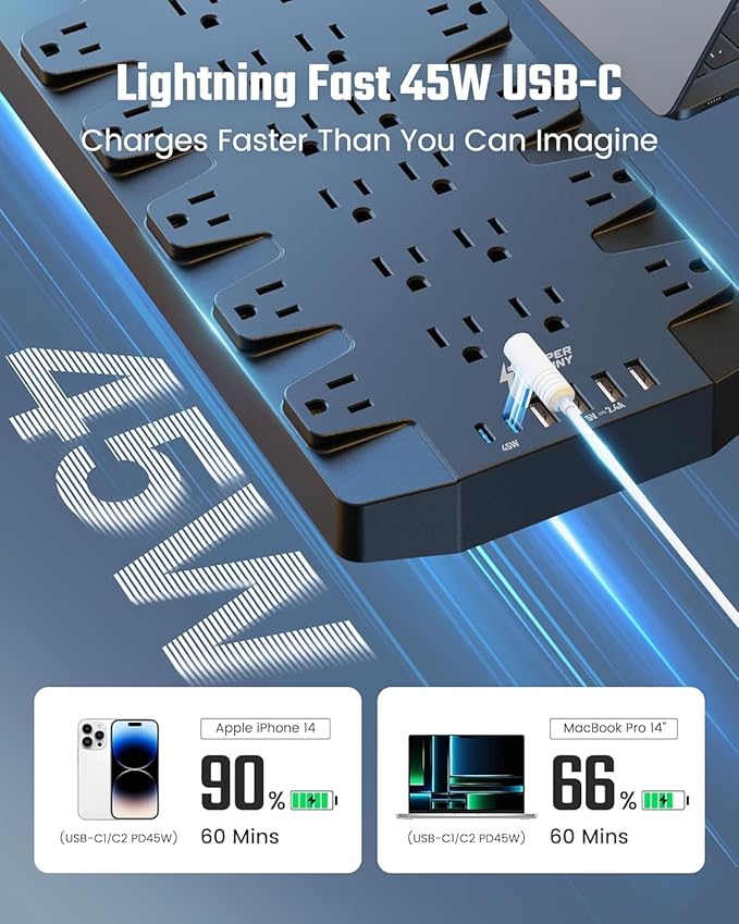 SUPERDANNY Power Strip Surge Protector with 15ft Extension Cord - 22 Outlets, 6 USB Ports, 45W Fast Charging - 1875W/15A, 2100J, 45°Plug, Mountable - Ideal for Home, Office, Gaming, PC, Streaming