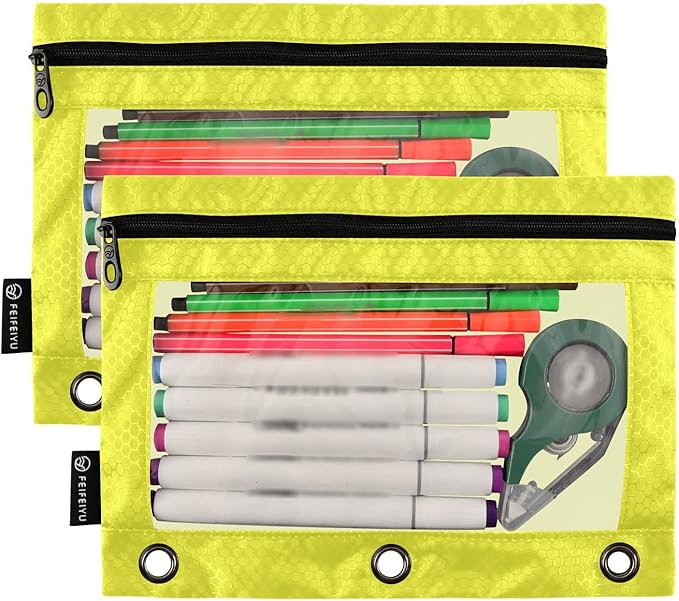 Gredecor Binder Pencil Pouch 3 Ring Lemon Yellow Zipper Pencil Pouches Case 2 Pack Clear Binder Organizer for School Office