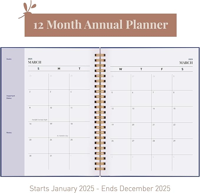 Rileys & Co 2025 Floating Weekly Planner - Annual Weekly & Monthly Agenda Planner, Jan - Dec 2025, Hardcover Cover, Notes Pages, Twin-Wire Binding (6 x 8-Inches, Blue)
