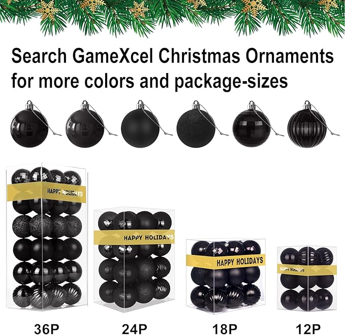 Black Set of XL (4.0") 4PCS Christmas Balls - Christmas Tree Decoration Ornaments Shatterproof Hanging Balls for New Year Easter Valentine Holiday Decorations