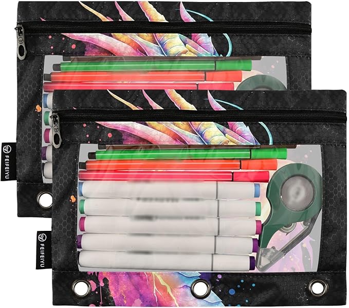 Lightning Dragon Watercolor Pencil Pouch for 3 Ring Binder, 2 Pack Waterproof Pencil Bags Clear Window Zipper School Office Supplies