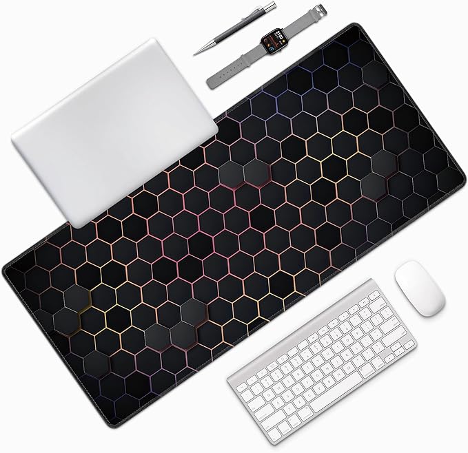 Hexagon Honeycomb Colorful Large Mouse Pad, Gaming Desk Mat, XXL Extended Keyboard Desk Pad, 35.4"x15.7" Non-Slip Rubber Base Big Mousepad with Stitched Edges for Home and Office