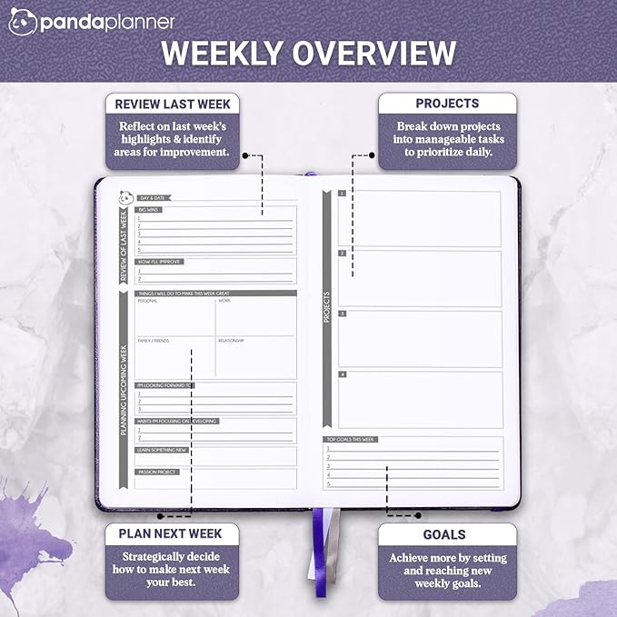 Panda Planner Classic A5 Daily Planner 2026 – Undated Quarterly Planner & Daily Task Planner with Hourly Schedule, To Do List, Goal Planner, Habit Tracker & Gratitude Journal for Focus & Organization – Purple