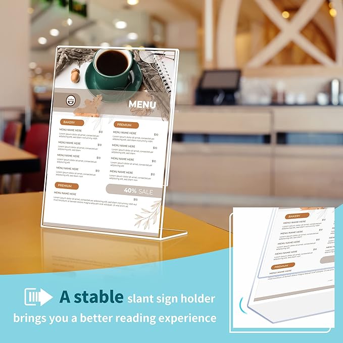 Annecy Sign Holder 8.5 x 11, 12 Pack, L Shape Plastic Clear Sign Stand for Display, Double-Sided, Slanted Back Design, Wide Use Plastic Material