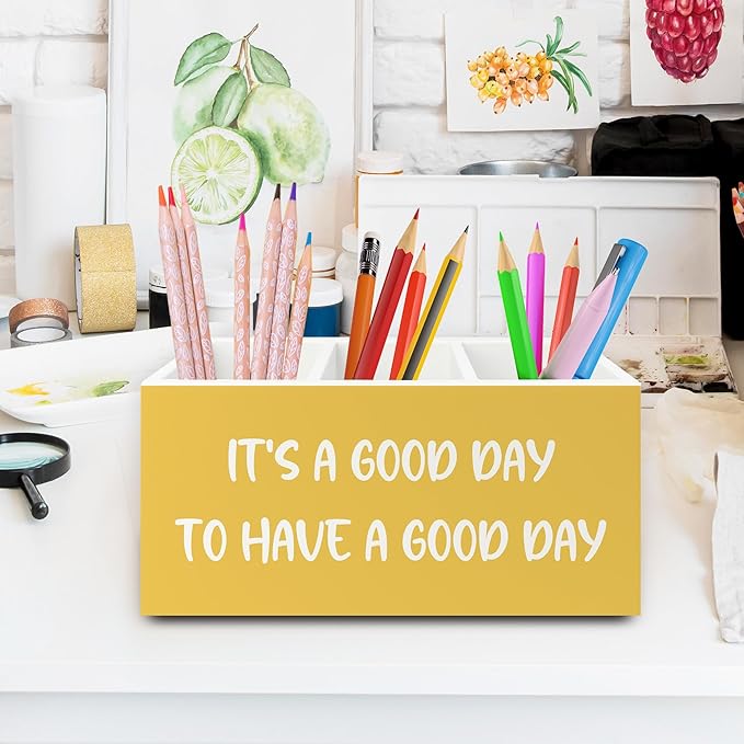 Inspirational Pen Pencil Holder Organizer for Desk, Inspirational Gifts for Women, It's a Good Day to Have a Good Day Motivational Wooden Box Sign for Home Office Desk Tabletop Decorations