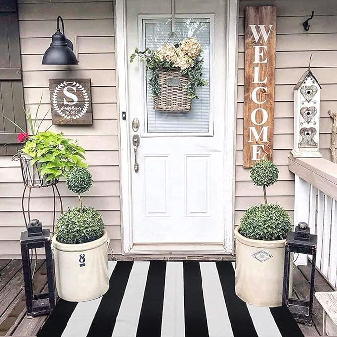 Black and White Striped Outdoor Rug 27.5X 43 inches Front Door Mat Hand-Woven Cotton Indoor/Outdoor for Layered Mats,Welcome Mat, Porch,Farmhouse,Kitchen,Entry Way