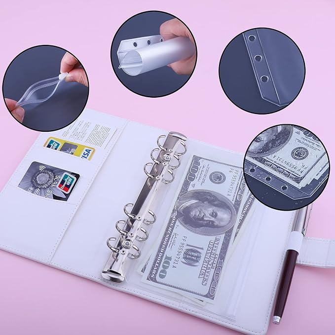Antner A6 Budget Binder with Zipper Cash Envelopes for Money Organizer & Budgeting, PU Leather Budget Planner Money Saving Binder with Cash Stuffing Envelopes & Labels for Home Office Travel, White