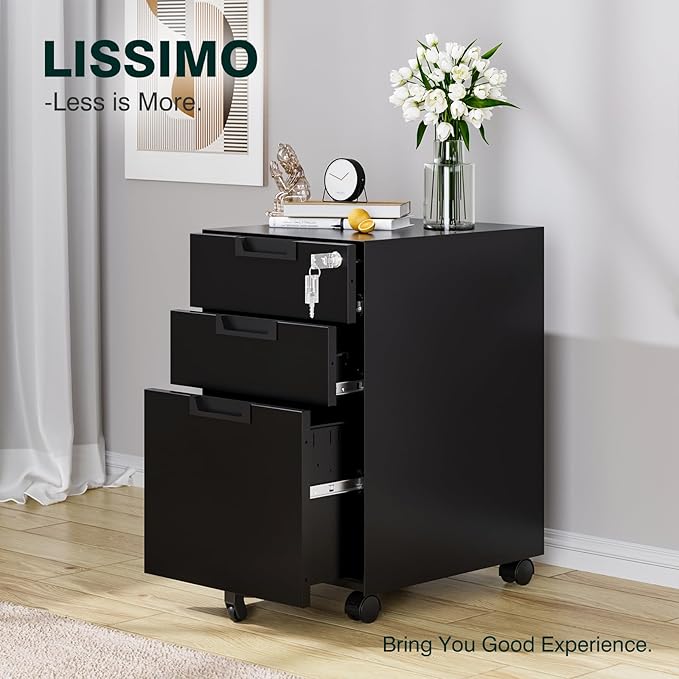 Mobile File Cabinet,3 Drawer Locking Storage Filing Cabinet,Office Metal Storage Cabinet on Wheels for Legal/Letter/A4 File(Fully Assembled，Black)