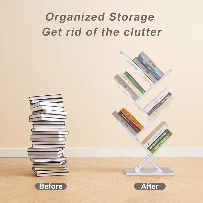 5 Tier Tree Bookshelf, Floor Standing Bookshelf for Narrow Space,Storage Organizer Bookshelves for Books/CDs/Magazine, Bookcase with Shelves for Home Office, Living Room- White