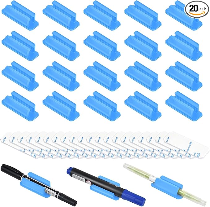 20 Pack Pen Holder Silicone,Adhesive Pen Holder for Desk,Marker Clip for Classroom Office Desk Accessories, Pencil Holder with 20 Double Sided Extra Sticky Tape (Blue)