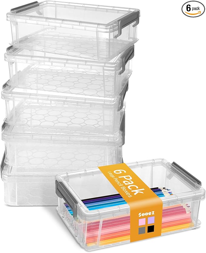 Sooez 6 Pack Extra Large Pencil Box, Plastic Pencil Case Crayon Box, Clear Marker Organizer Plastic Containers with Lid, Stackable Storage Boxes for Art Craft,Pen,Back to School Teacher Supplies, Grey
