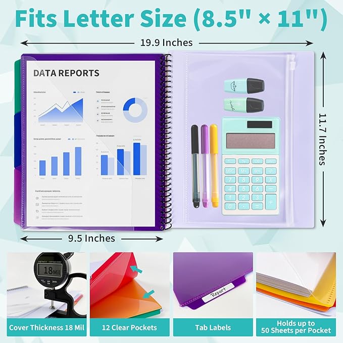 Binditek 12-Pocket Poly Project Organizer, Heavy-Duty Poly Cover, Clear Front Pocket, 6-Color Dividers with 1/3-Cut Tabs, Fixed Zipper Pouch, Letter-Size, Blue