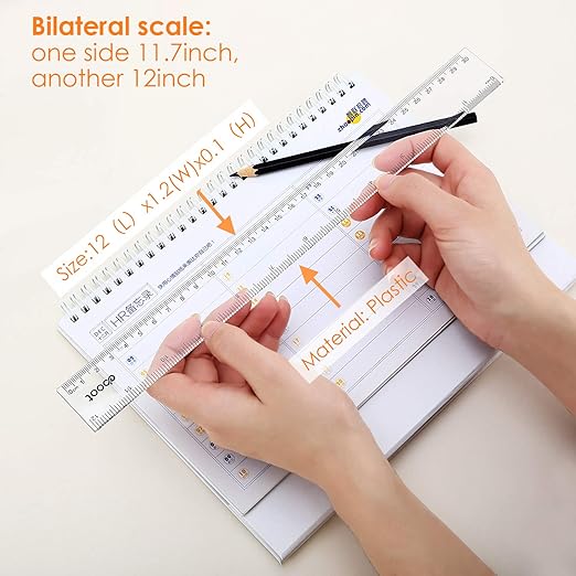 EBOOT 2 Pack Plastic Ruler Straight Ruler Plastic Measuring Tool for Student School Office (Clear, 12 Inch)