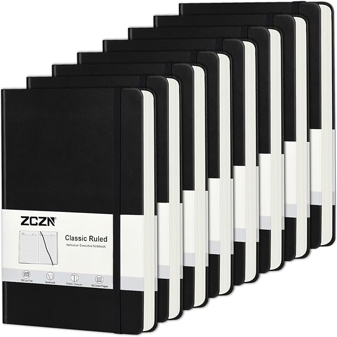 ZCZN 8 Pack Hardcover Journal Notebooks, 5.5"x8.3", Hardcover, Black, A5 Lined Journals for Notes-taking,Writing,Diary, Ruled Journaling Notebooks for Work School Travel Home