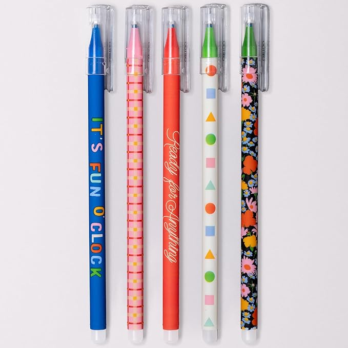 ban.do Erasable Pens with Caps and Clips, Cute Black Ink Pen with Eraser for Journaling/Work, Set of 5 Eraser Pens, Assorted