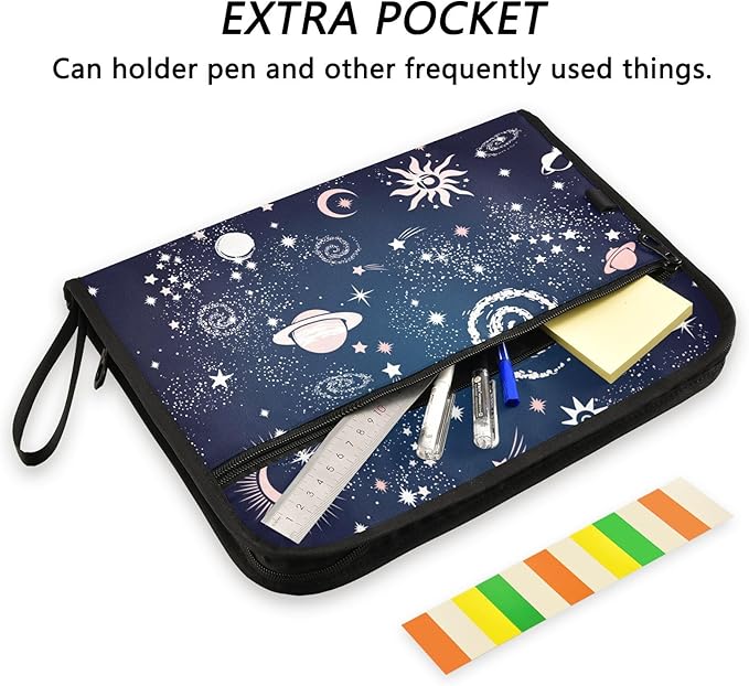 Expanding File Folder - Space Galaxy Pattern 13 Pocket Accordion File Folders with Sticky Labels, A4 Letter Size Paper Document Organizer with Zipper Closure for Office School Boys Girls