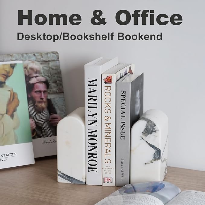 Koville Natural Marble Bookends for Shelves, 13LBS Ultra Heavy Duty Marble Book Holders Organizer, Non-Slip Book Ends, Apartment Decor for Movies/CDs/Video Games