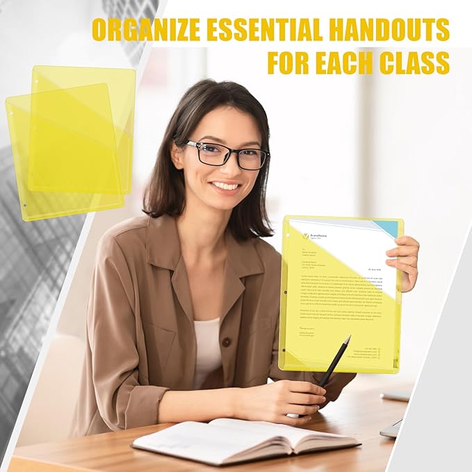 Seajan 48 Pcs Pocket Folders for 3 Ring Binder Clear Plastic Folders Sleeves with 2 Pockets 3 Hole Punch Binder Dividers Poly Slash File Jackets for Office School Document Organizer (Yellow)
