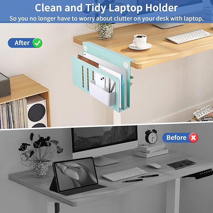 LUKETURE Desk Side Storage, 2 Tier Steel Hanging Organizer, No Drill Side Desk Organizer, Laptop Holder, with Pen Holder, Hanging Table Storage for Office Home, Fits Flat Edge Tables 0.3" to 2.8"