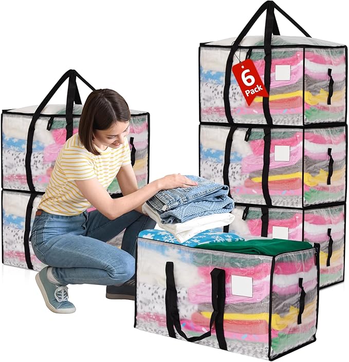 Moving Bags Heavy Duty Extra Large, Alternative for Moving Boxes & Moving Supplies,Clear Storage Bins with Lids, Plastic Packing Tote, Storage Bags for Clothes with Handles & Zippers(Clear, 6 Pack)