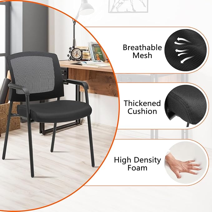CLATINA Office Reception Guest Chair Mesh Back Stacking with Ergonomic Lumbar Support and Thickened Seat Cushion for Waiting Conference Room Black 4 Pack