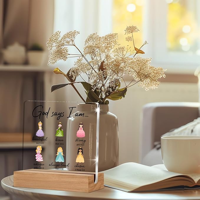 Princess Gifts for Girls, Princess Acrylic Plaque Room Decor for Girl Bedroom, Inspirational Gifts for Teen Girls, God Says Quotes Desk Signs Decor 4 × 4 Inches