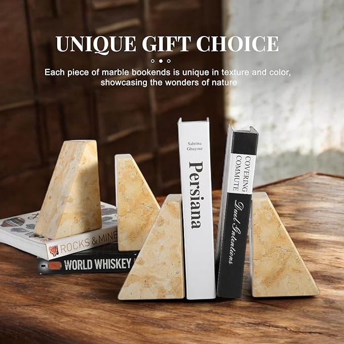 Koville Marble Bookends for Shelves, Large Bookends for Heavy Books, Non-Slip Heavy Duty Book Stopper for CD/Movies, Aesthetic Decorative Bookends for Shelves Table Home Decor(Gold)